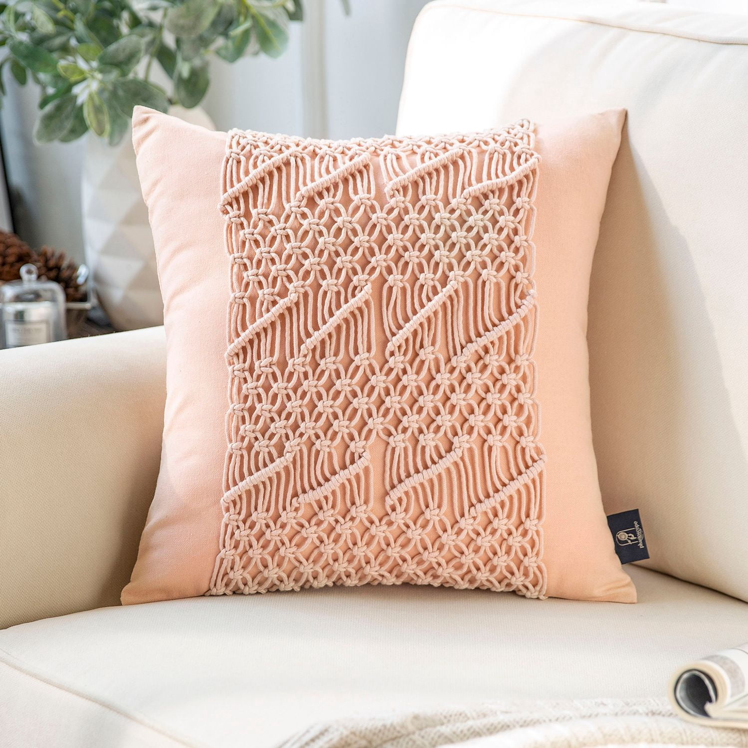 Phantoscope 100% Cotton Handmade Crochet Boho Throw Pillow with Invisible Zipper, 18 x 18 in Square Cushion, Light Pink, 1 Pack