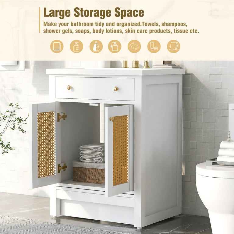 Slim Wood Bathroom Sideboard, 24-Inch, White Storage cabinet Toilet Paper
