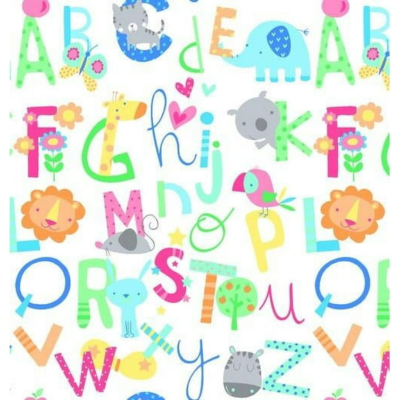Alphabets and Animals White Flannel Fabric