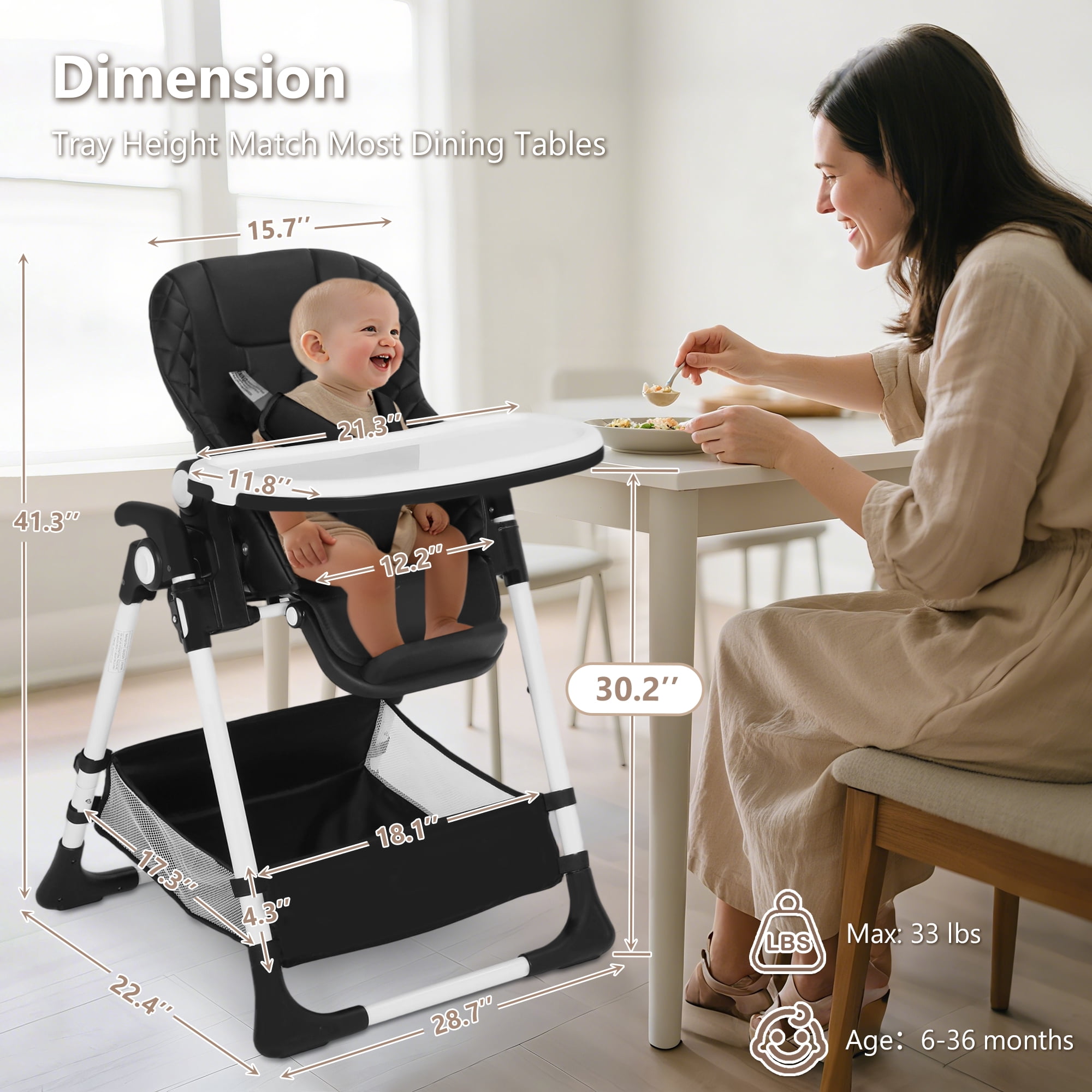 LINLUX Foldable Baby High Chair, Adjustable Feeding Chair for Toddler w/Removable Double Tray, Black