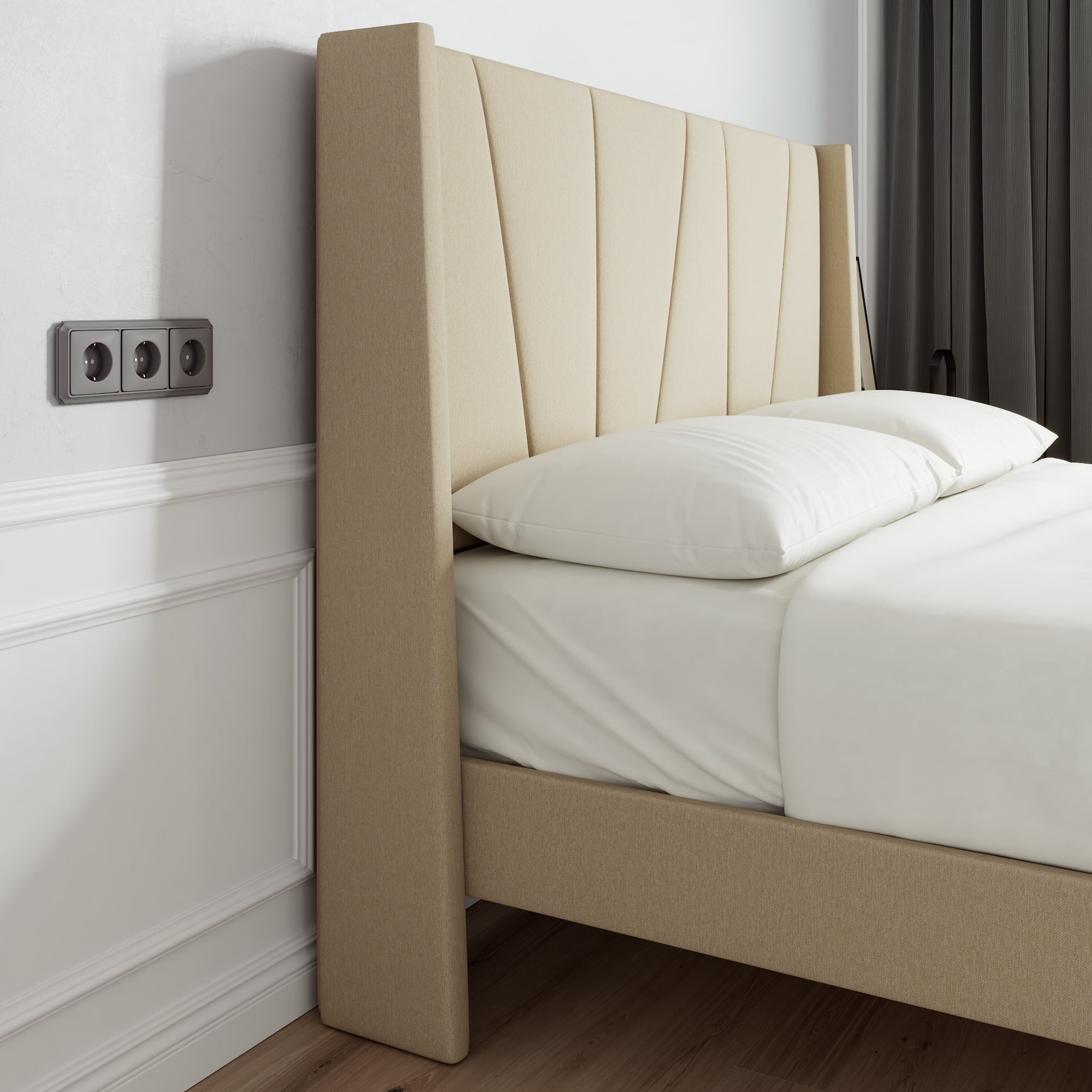 Sha Cerlin Queen Bed Frame, Upholstered Platform Bed with Wingback and Geometric Headboard, Beige