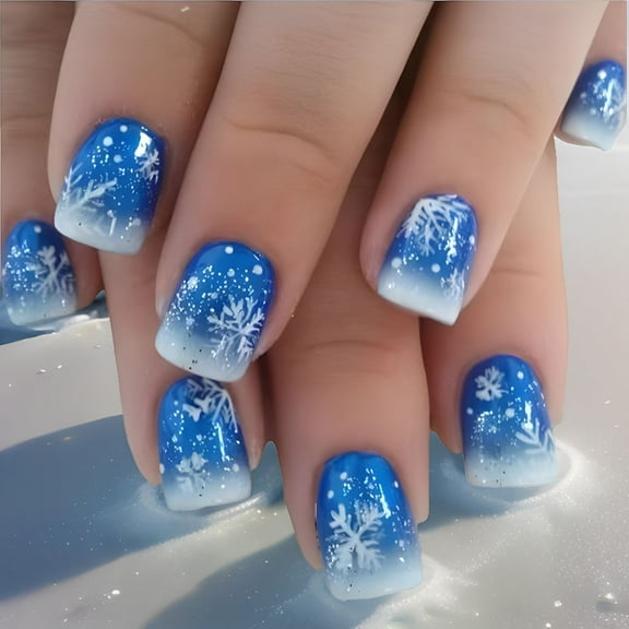 Yoyauz 24 Pcs Christmas Fake Nails, Blue Snowflake Fake Nails With Nails, Christmas Holiday Blue And White Nails For Diy Nail Decoration In Winter