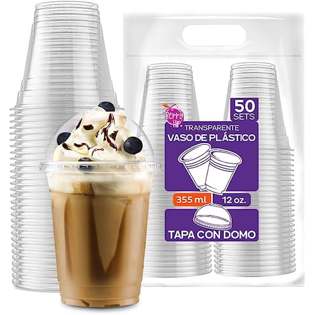 50 Vasos de Plástico 12 oz (355 ml) con Tapa Tipo Domo - Vasos Transparentes de Polipropileno - Kit de 50 Vasos y 50 Tapas Berry Bloom Best Trading VTD12-1