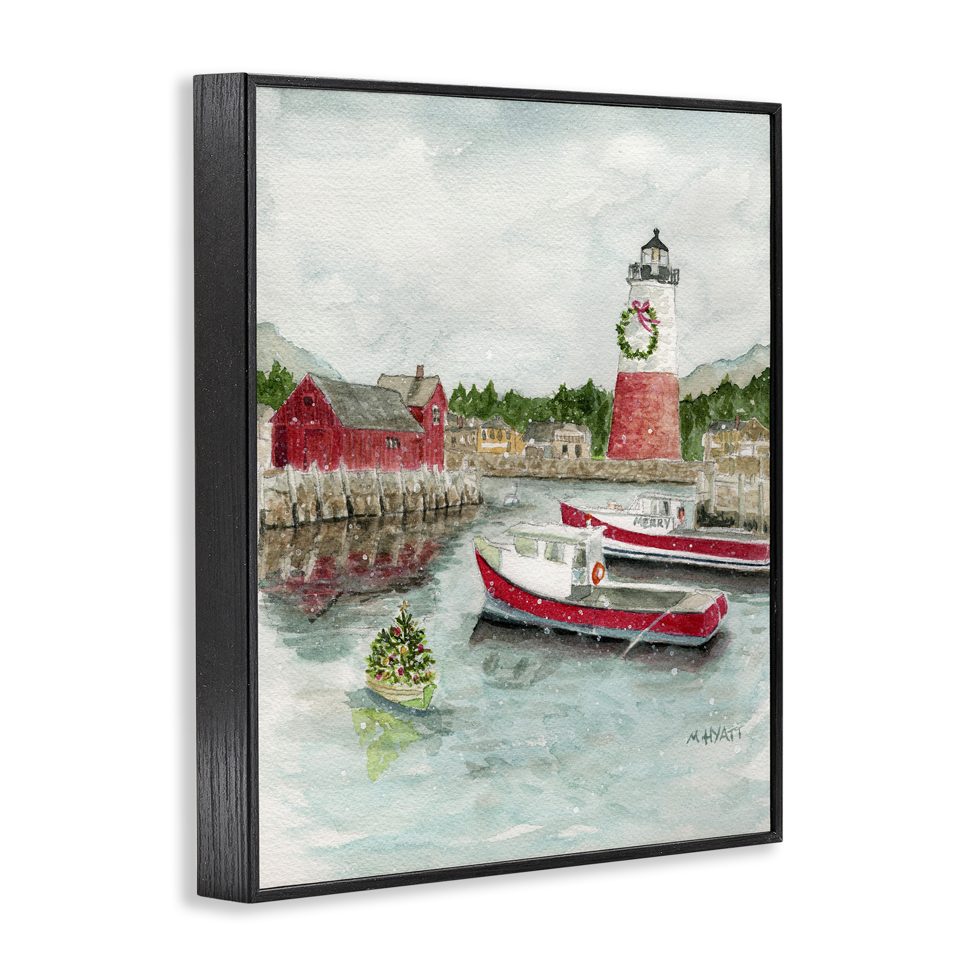 Stupell Industries Coastal Christmas Harbour Holiday Painting Black Framed Art Print Wall Art, 11 x 14