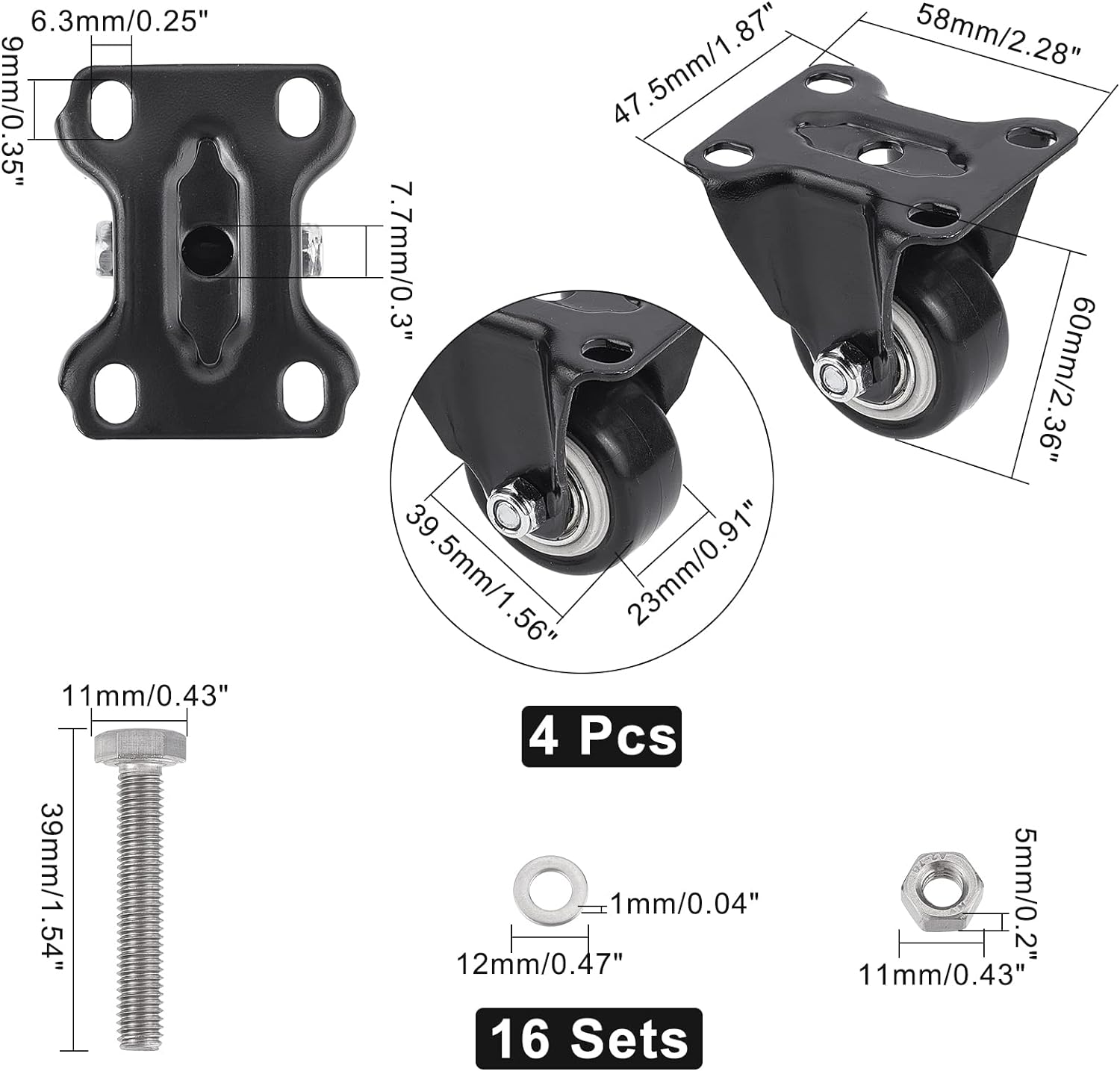 4Sets 1.6inch PU Fixed Caster Wheels Black Casters Set with 48Pcs Stainless Steel Screw Nut Sets Wheels for Furniture Workbench Office Swivel Chair