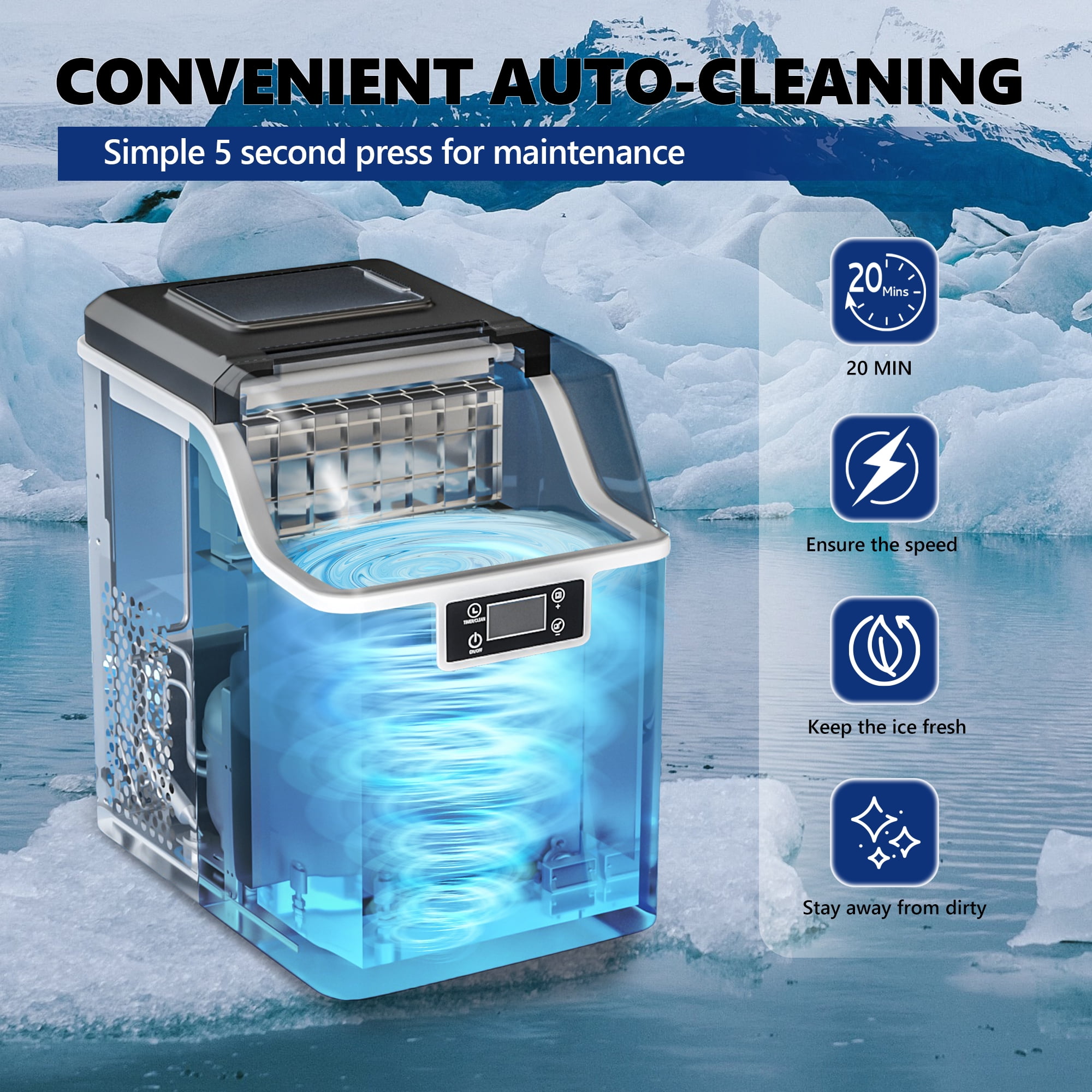 Simzlife Countertop Ice Maker Machine 45lbs/24H 24 Crystal-Clear Square Ice Cubes Ready in 9 Mins, One-Touch Self-Cleaning Ice Machine for Home, Kitchen, Office