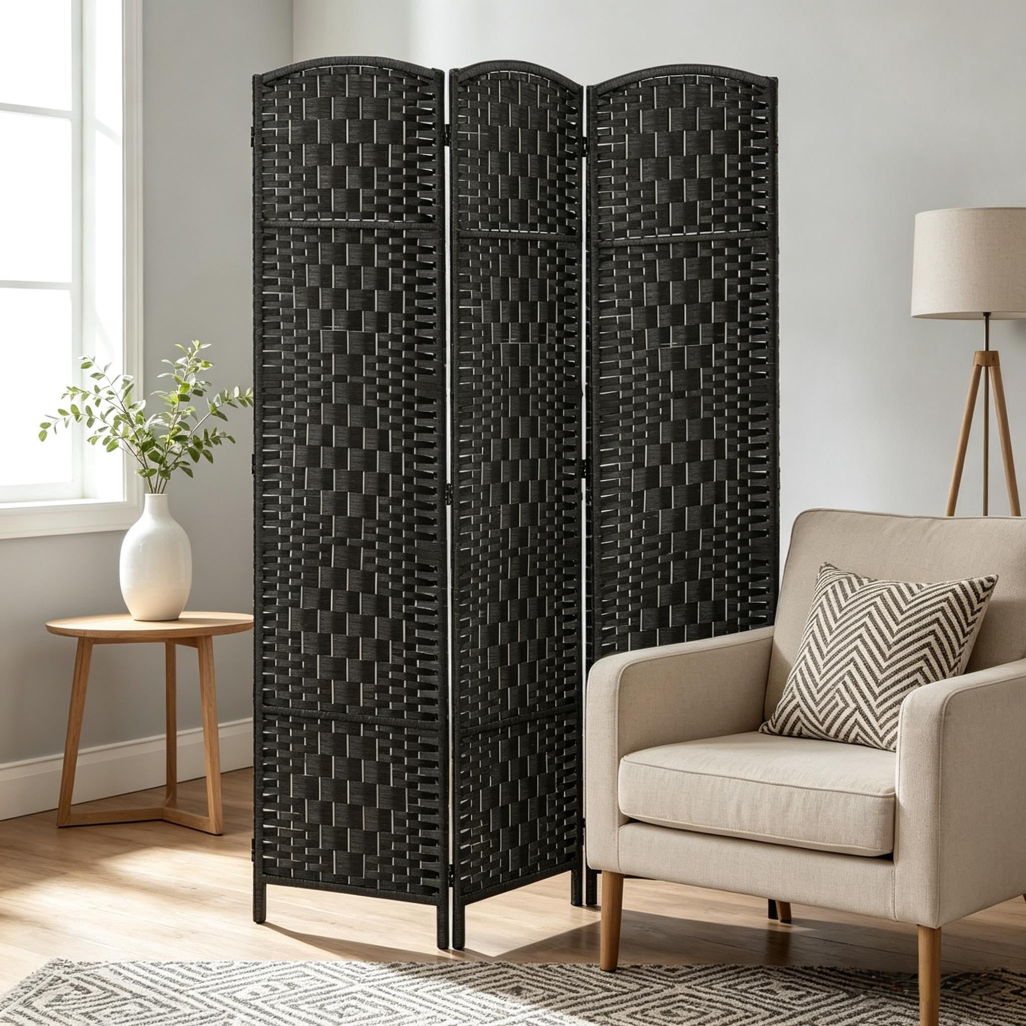 3-Panel Folding Room Divider, Wicker Woven Privacy Screen with Arched Top, Solid Poplar Wood Frame, Lightweight Portable Partition for Home Decor, Coffee