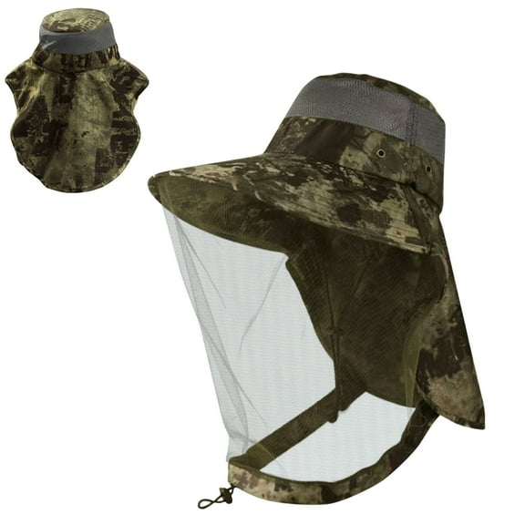 KANCOKIT Mosquito Head Net Hat with Neck Flap, UPF 50 Wide Brim Sun Hat with Netting for Bugs, Fishing Hiking Camping Safari Hat for Men Women, Camouflage Green