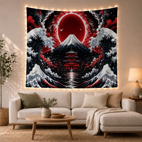 Red Sun Above Ocean Waves and Mountain Temple, Dramatic Japanese Inspired Style for Art Lovers, Wave Wall Art, Housewarming Gift, Tapestry Wall Hanging for Bedroom and Living Room