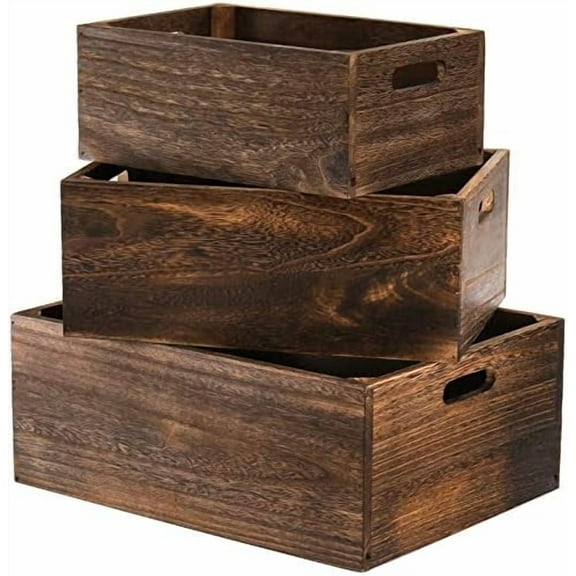 Set of 3 Wood Nesting Storage Crates with Handles, Decorative Farmhouse Wooden Crates Storage Containers Rustic Handmade Natural Solid Wood Basket