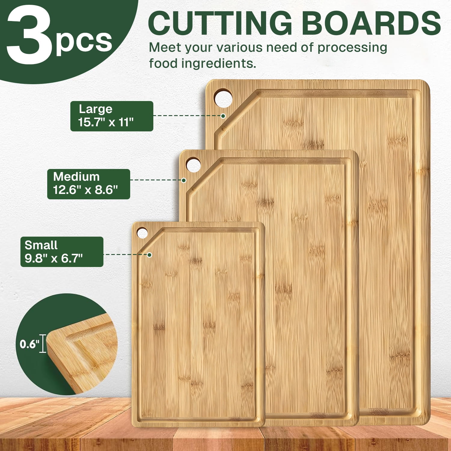 Behome 3 Pack Bamboo Cutting Boards Set for Kitchen, Wooden Chopping Boards with Holder and Deep Juice Grooves, Durable Serving Boards for Meat, Vegetables & Fruits