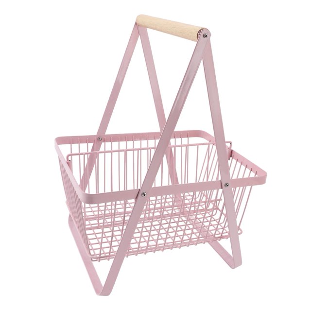 Countertop Fruit Basket Large Capacity Portable Modern Metal Rectangle Basket with Wooden Handle for Gardening Tool Snack Roseate
