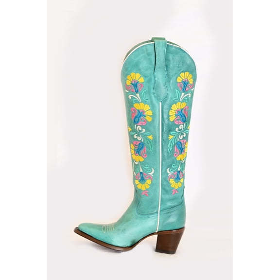 Women's Leather Peacock Flower Mid-Calf Boots