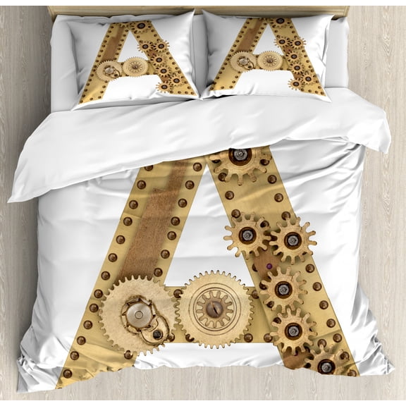 Letter A Duvet Cover Set Queen Size, Steampunk Mechanical Alphabet Letter Font A Photo Compilation Cogwheel Clench, Decorative 3 Piece Bedding Set with 2 Pillow Shams, Sand Brown, by Ambesonne