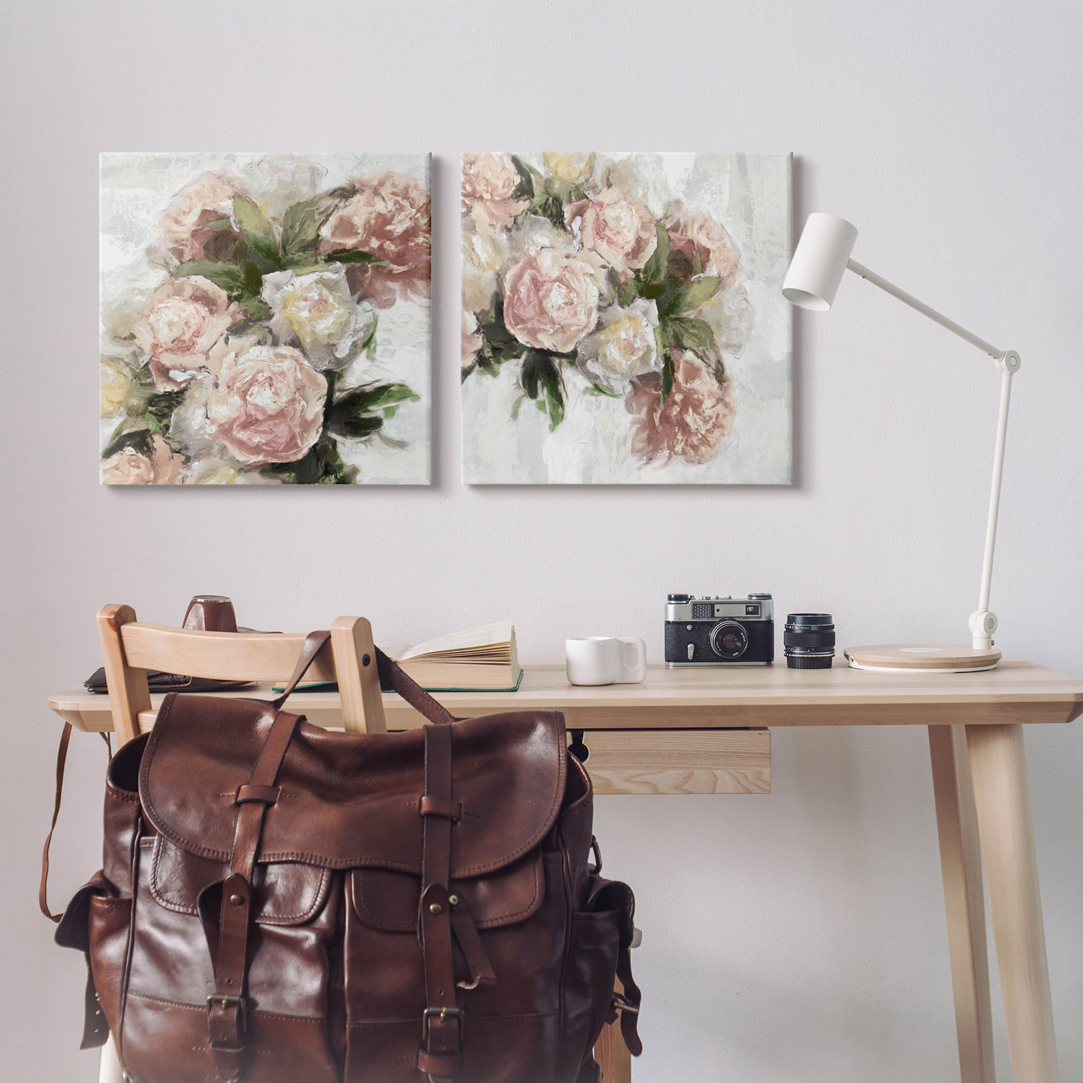 Traditional Peony Blossoms Arrangement Botanical & Floral Graphic Art Gallery Wrapped Canvas Print Wall Art, Set of 2