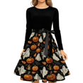 thumbnail image 4 of Halloween Dresses for Women Candy Pumpkin Crew Neck Hepburn 1950s Retro Tea Length Dress Long Sleeve Cocktail Vintage Funny Dress with Belt S, 4 of 5