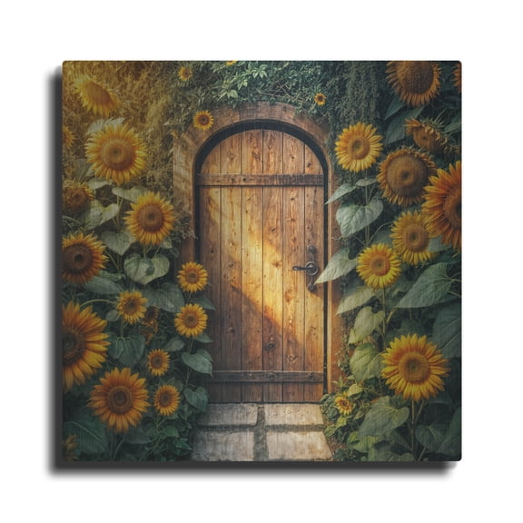 Luxe Metal Art 'Rustic Door In Sunflowers' by Rey Klimt Metal Wall Art, 12" x 12"