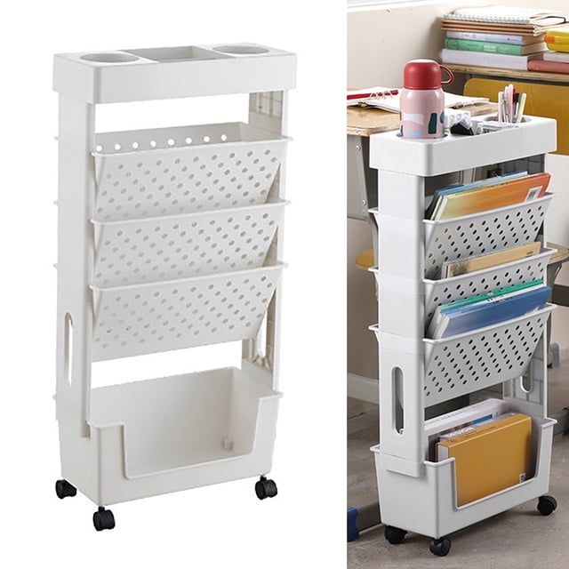 Estantería móvil con capacidad multicapa, giratoria, extraíble, de plástico, práctica estantería rodante con rueda, color blanco