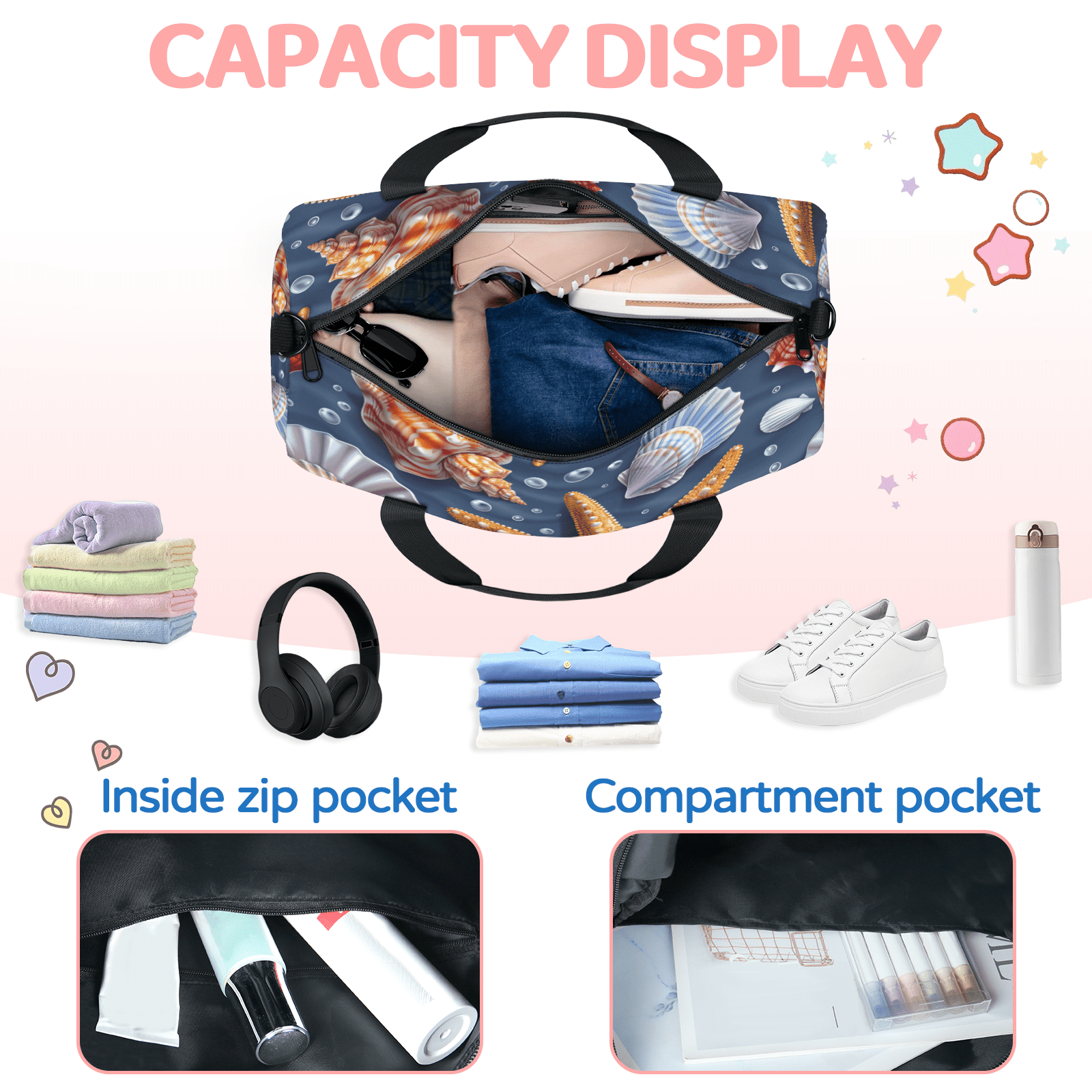 Herdesigns Starfish Gym Bag for Women, Duffle Bag for Travel Sport, Ocean Theme Lightweight Waterproof Carry on Weekender Dance Yoga Workout Bags
