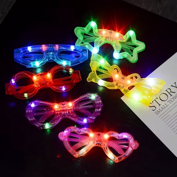 24-Piece LED Luminous Party Glasses, 3 Flashing Modes, Assorted Shapes, Neon Plastic Glow Glasses for New Year's Eve & Festivals