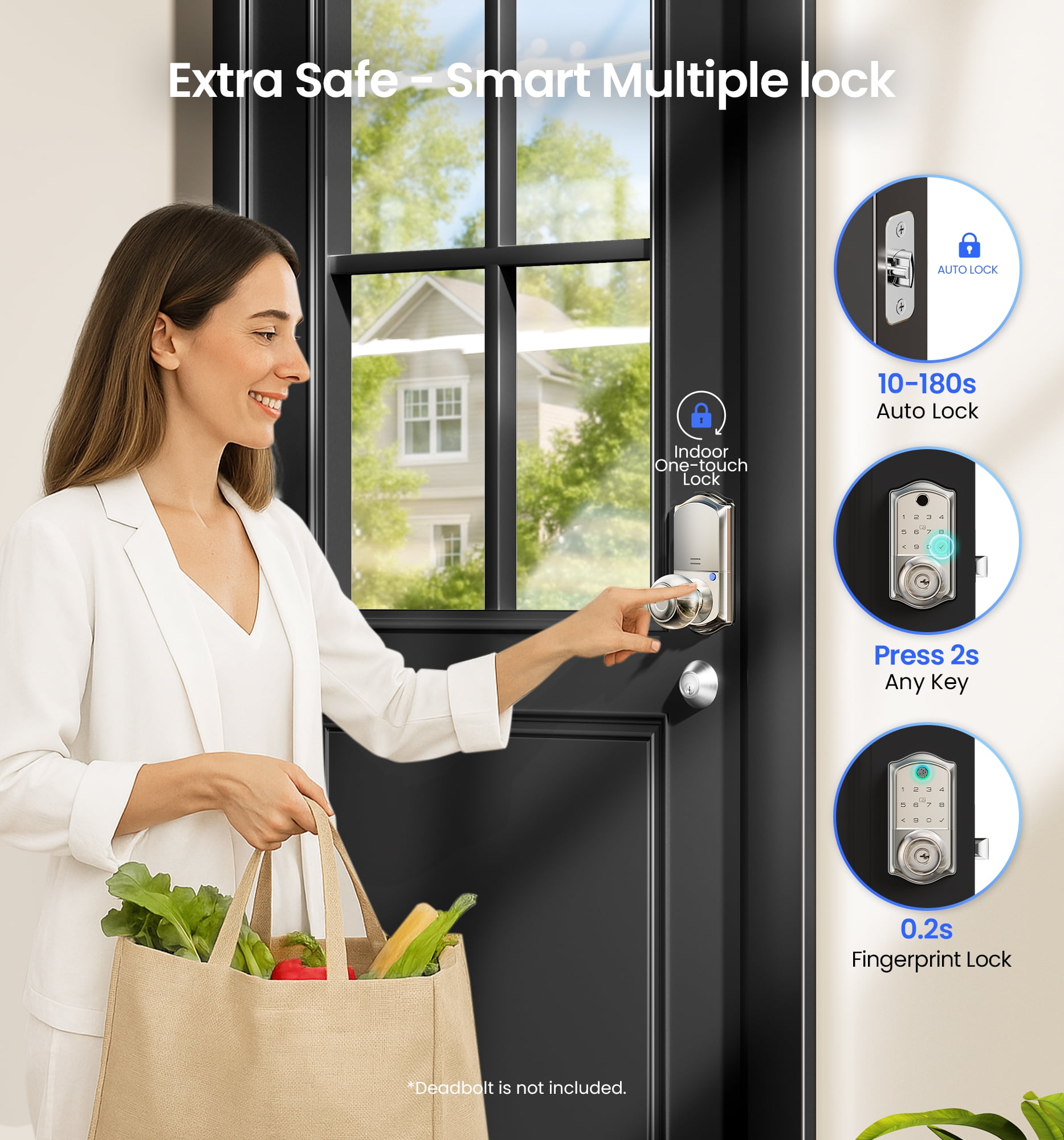 Veise Fingerprint Smart Knob Handle Lock, Keyless Entry, App Control, Electronic Digital Keypad, Remote Access Sharing, Auto Lock, Satin Nickel
