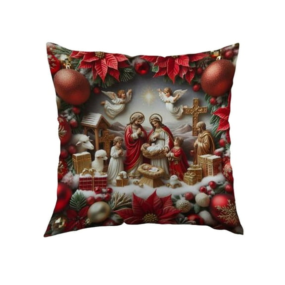 Luoshdecor Christmas Nativity Scene Pillow Covers, Holy Night Angel Red Throw Pillow Cases,Winter Holiday Decoration for Sofa Couch Patio 18x18in