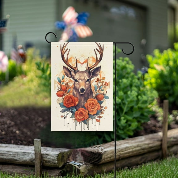 Deer Head Roses Flowers Floral Garden Flag Double Sided Outdoor Banners for Courtyard Outdoor Lawn Farmhouse Holiday Decorations