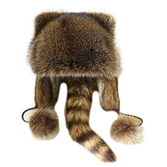 Winter Keep Warm Plush Raccoon Tail Hat Kids Unisex Windproof Commute Camping Mongolian Plush Hat for Parent-Kids