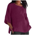 thumbnail image 2 of ICHUANYI Clearance Women's Ladies Fashion Cropped Sleeve Solid Cotton Loose Shirt Blouse Top(Purple, XL) ICHUANYI WER2023081002084, 2 of 5