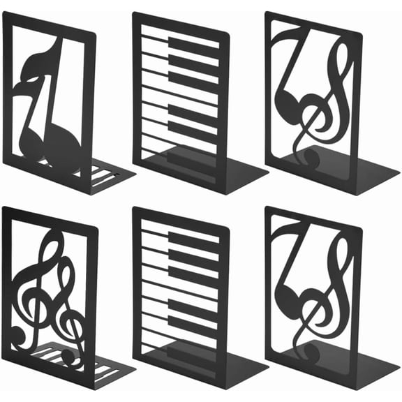 3 Pairs Book Ends Metal Bookends for Shelves, Decorative Bookends for Heavy Books Non-Skid Musical Note Bookshelf Holder, Book Stopper Bookshelf Decor for Family, Office and School