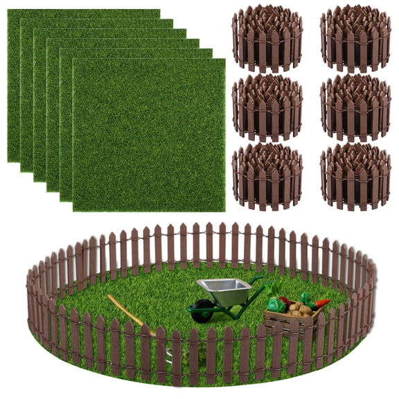 12Pcs Mini Fairy Garden Fence and Artificial Grass Set Small Wooden Fence Gate Decorative Miniature Faux Grass Mat for DIY Dollhouse