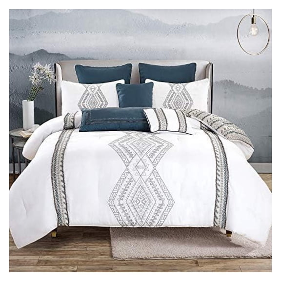 Luxury 8 Piece California King Comforter Set with Shams and Cushions, Modern Classy White Gray Navy Pattern Comfy Bedroom Cover Collection Sheet, Bed in a Bag, King Size