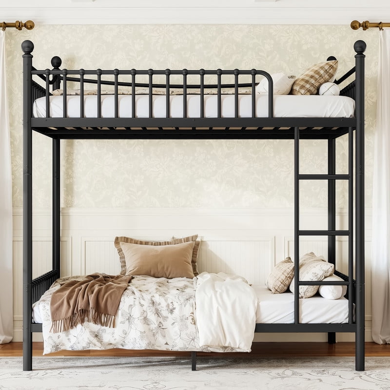 Full over Full Metal Bunk Bed with Curved Guardrail, Round Tube Bedpost Detachable Bed Frame for Kids, Teens & Adults
