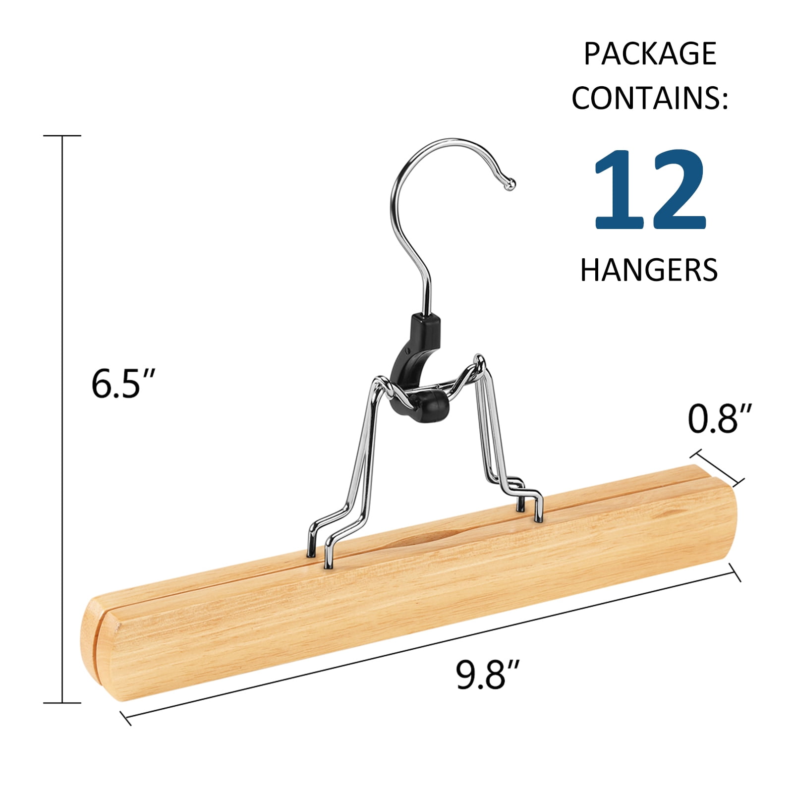 BagDream 12 Pack Wooden Pants Hangers with Clips, Smooth Finish Solid Wood Non Slip Skirt Hangers Jeans Slack Clamp Hanger, Natural