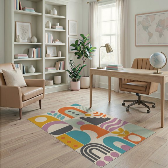 ODIKA 4'x6' Orange Vibrant Geometric Abstract Design Washable Area Rug Eclectic Mix of Modern Shapes and Retro Patterns Non-Slip, Chair-Friendly, Flatwoven for Home Office, Under Desk