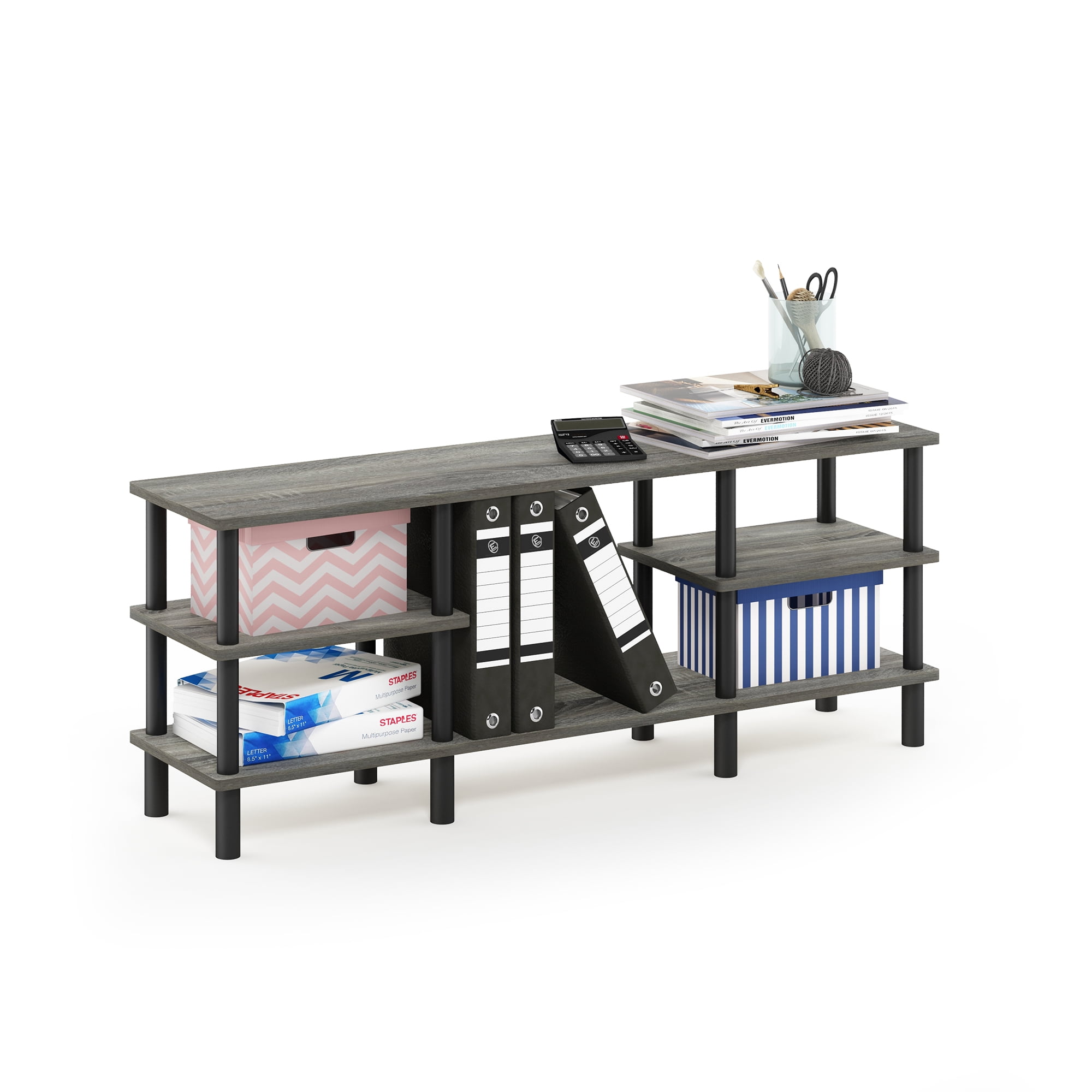 Furinno Turn-N-Tube Toolless Assemny TV Stand for TV up to 55 Inch, 3-Tier Grey Entertainment Center with Storage Shelf, TV Console, for Living Room, Bedroom, Grey Oak