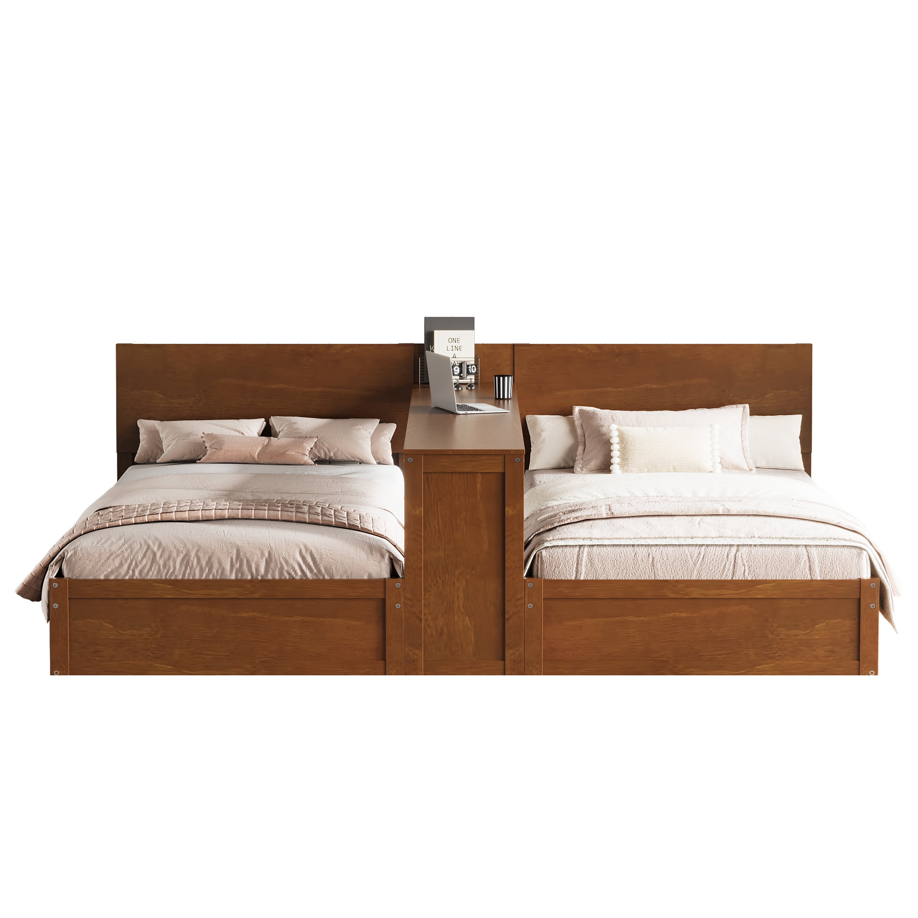 Mintazer Twin Size Double Platform Bed Frame with Adjustable Middle Storage Desk, 2 Twin Beds with Movable Workstation for Kids Teen Shared Bedroom Guest Room, Walnut