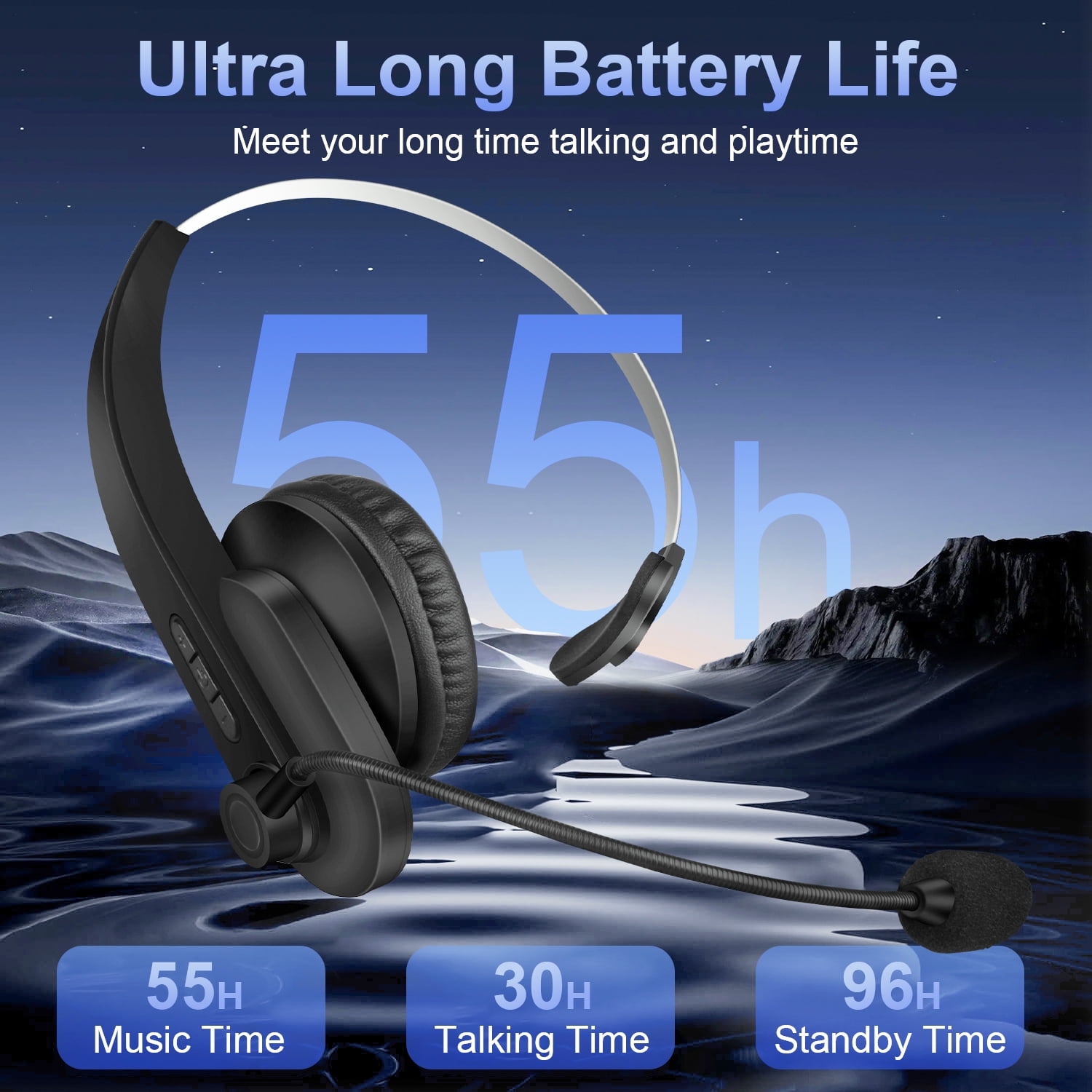 ABCPOW Trucker V5.4 Bluetooth Headset with Microphone,Noise Cancelling,Mute Button&Charging Base,Wireless On-Ear Headphones 60Hrs Playtime Wireless Headset for Office PC/Work/Cell Phone/Call Center