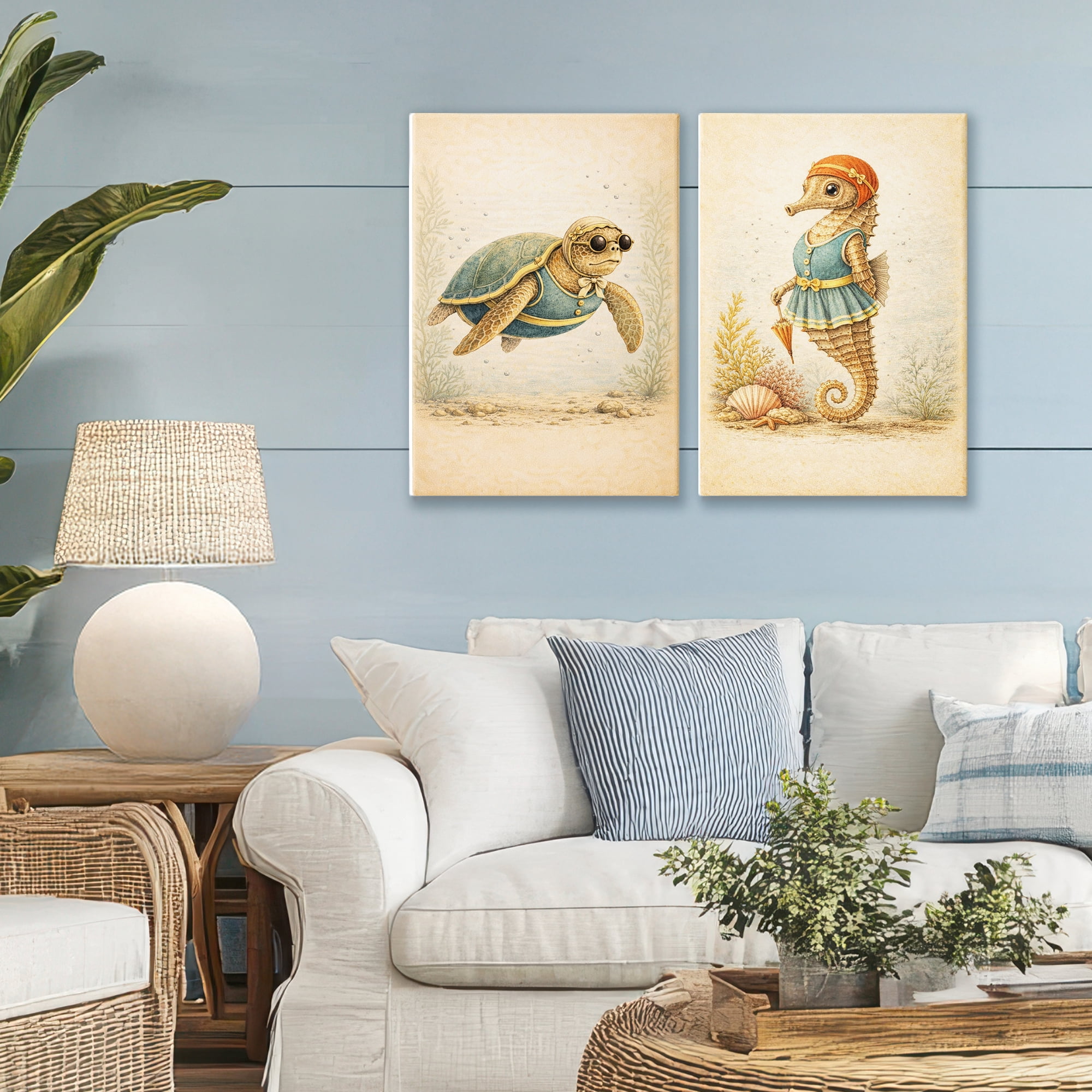 Stupell Industries Vintage Maritime Bathing Animals 2 Piece Canvas Wall Art Set, design by Grotto Studios