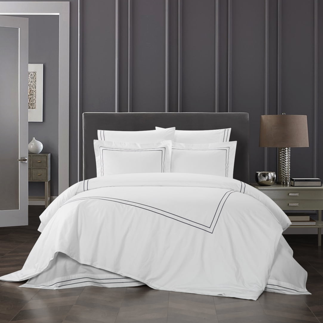 Alfrey 3 Piece Organic Cotton Duvet Cover Set Solid White With Dual Stripe Embroidered Border Hotel Collection Bedding