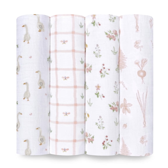 aden   anais™, Cotton Muslin Swaddle Blanket, Country Floral, Pink, Girls, Infants, 4-Pk