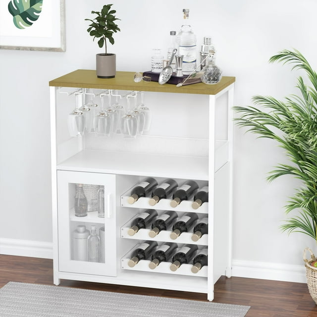 BeesClover Wine Bar Cabinet, Liquor Cabinet with Detachable Wine Rack, Small Coffee Bar with Storage & Glass Holder, Mesh Door, Buffet Sideboard for Dining Room Kitchen Living Room