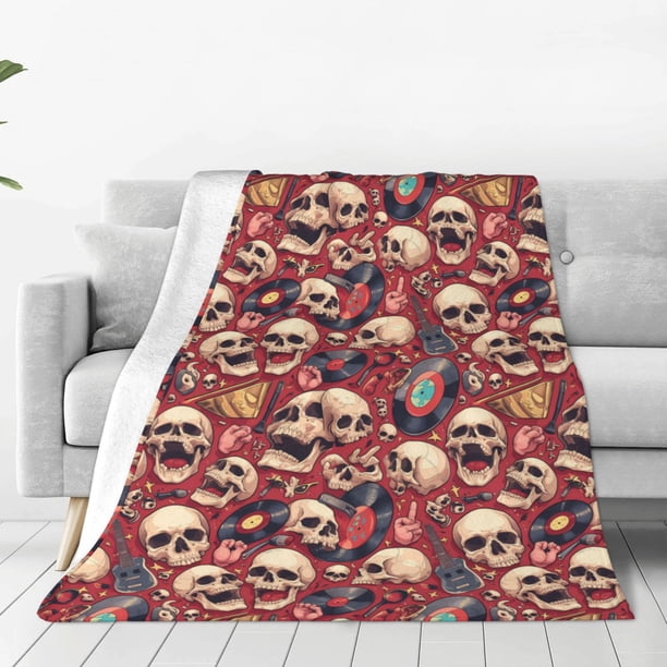 Fotbe Skull record Guitar music Manta de Franela Acolchonada con Estampado, Súper Suave y Esponjosa, Extra Grande para Sofá, Cama, Uso Todo el Año-80"x60"