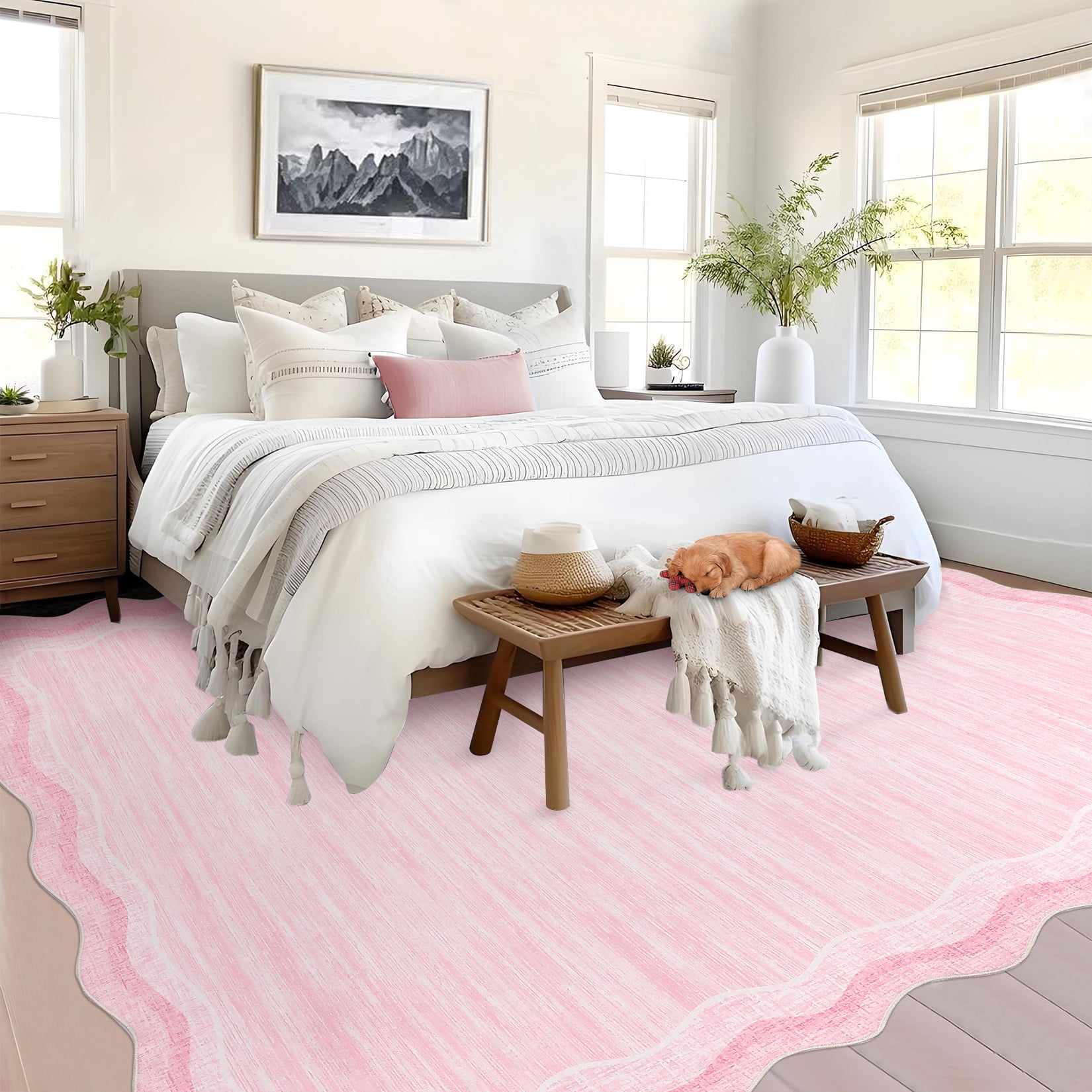 Large Scalloped Area Rugs 9x12 Washable Modern Living Room Rug with Non-Slip Backing, Contemporary Low Pile Accent Carpet, Stain-Resistant Foldable Floor Cover for Dining Room, Beige