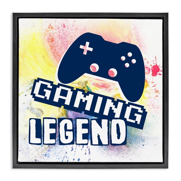 Stupell Industries Gaming Legend Modern Splatter Quotes and Sayings Painting Black Floater Framed Canvas Art Print Wall Art, 18 x 18