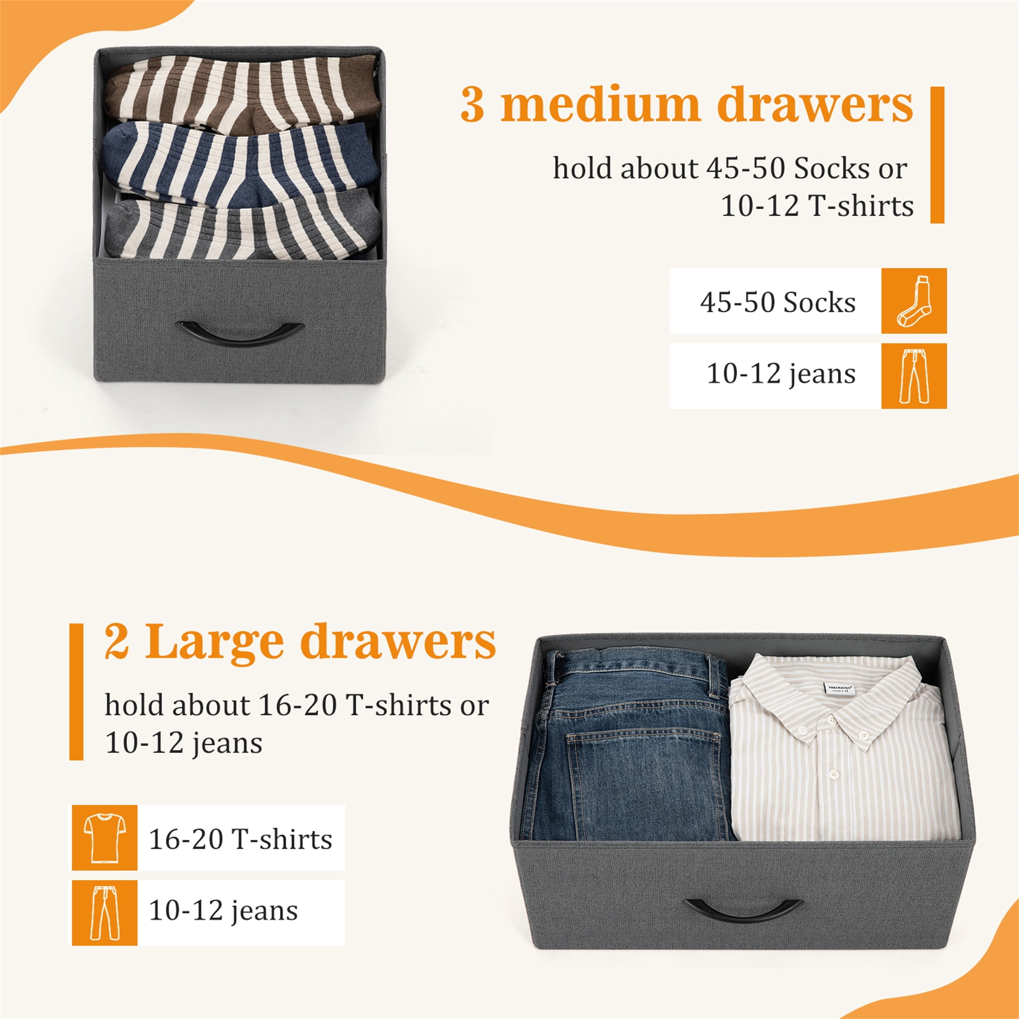 Kadyn Wide Chest of Drawers, Dresser for Bedroom with 5 Drawers, 5 Drawers Dresser Storage Organizer Unit with Fabric Bins for Living Room, Hallway, Gray