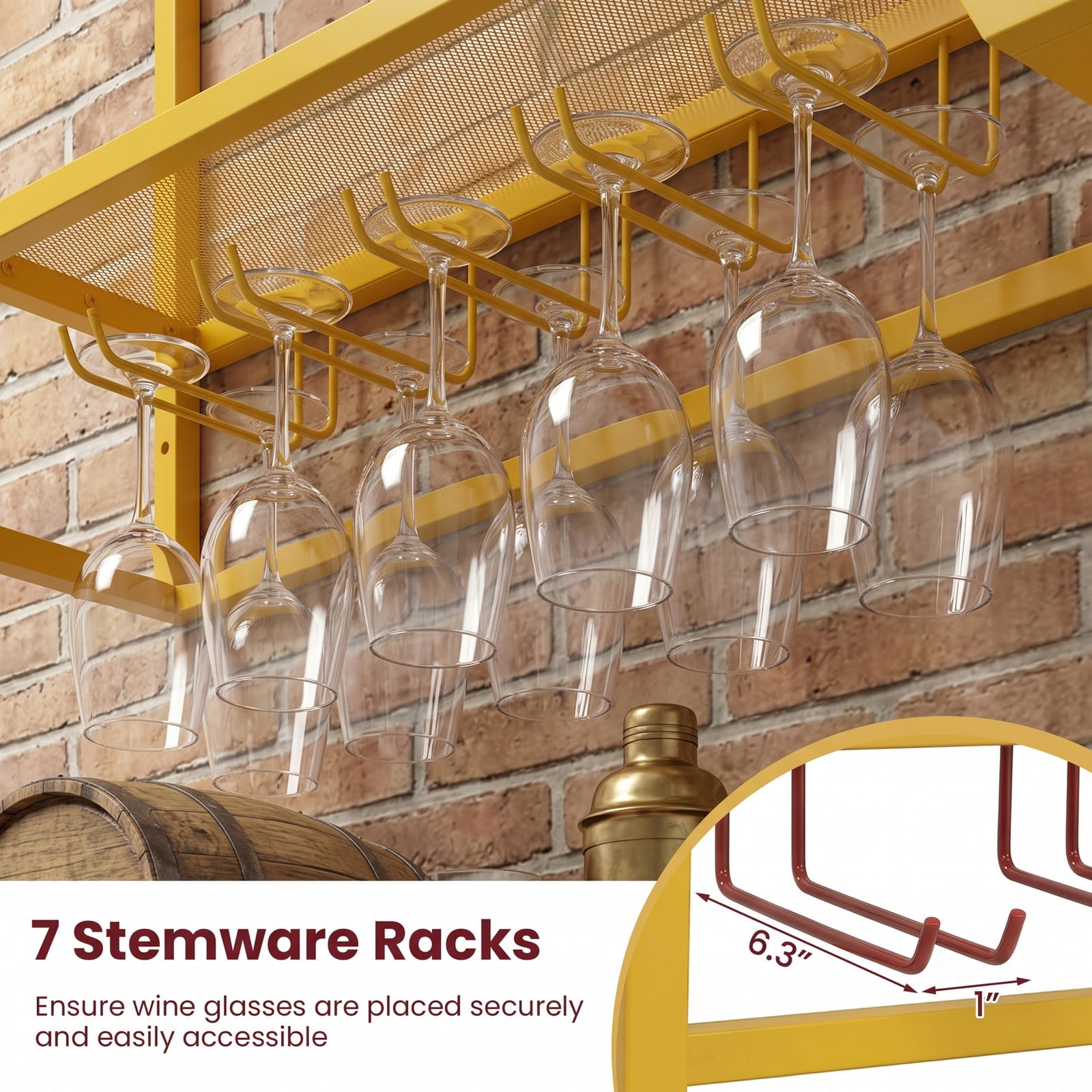 RUIE 47 Inch Wall Mounted Wine Rack, Large Floating Bar Shelf with Stemware Holder, Metal Hanging Wine Bottle Storage Organizer for Kitchen Dining Room Bar, Gold