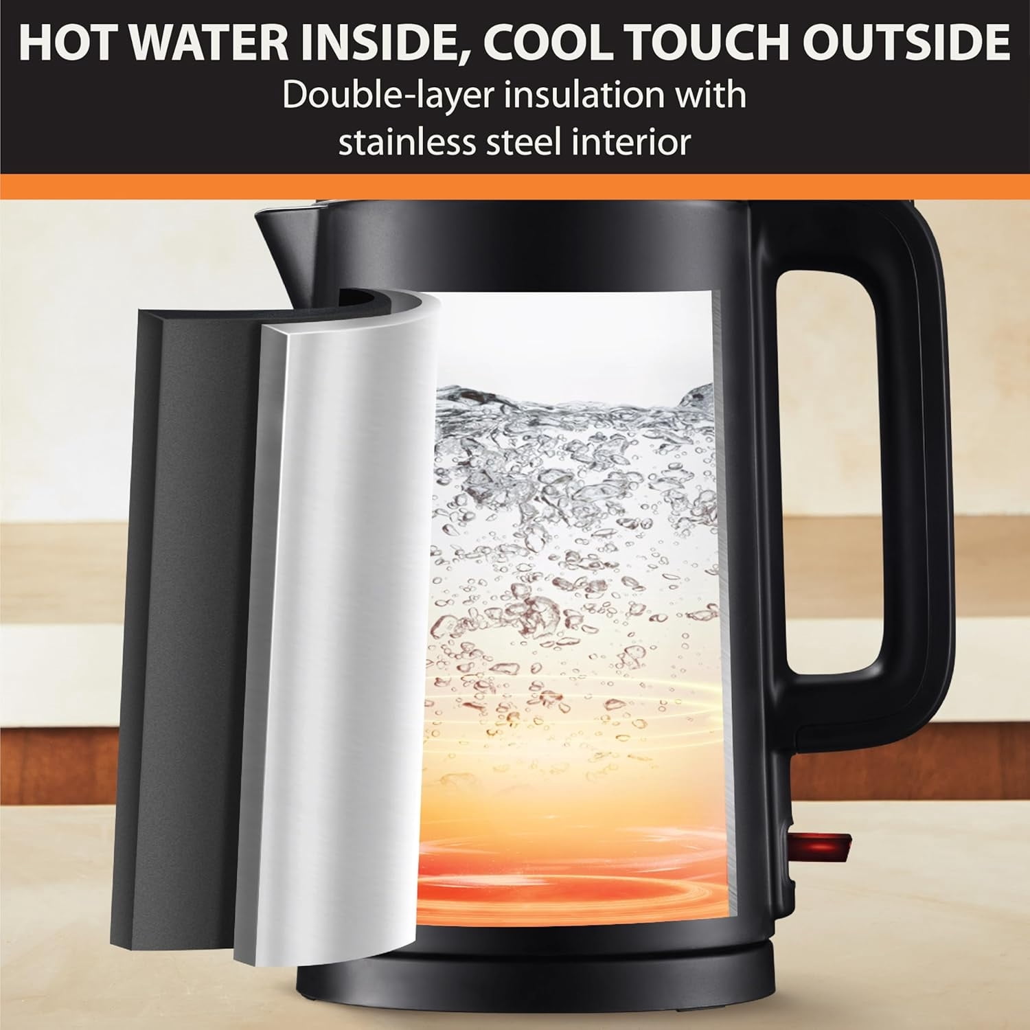1.5L Electric Kettle Stainless Steel Cool Touch Interior, Fast Boiling, One Cup in 80 Snds, Double Wall, Auto Off, Keep Warm, Hot Water Kettle Electric, Cordless, Black
