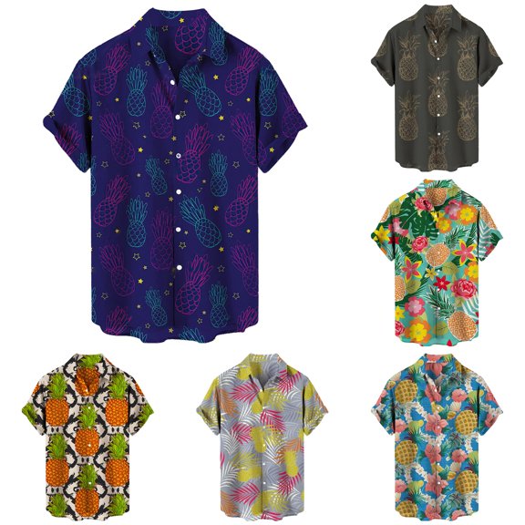 FINALGANG Mens Point Collar Vintage Pineapple Print Short Sleeve Shirt Loose Fit Lightweight Breathable Summer Holiday Casual Button Down Shirts Trendy Top XXXL