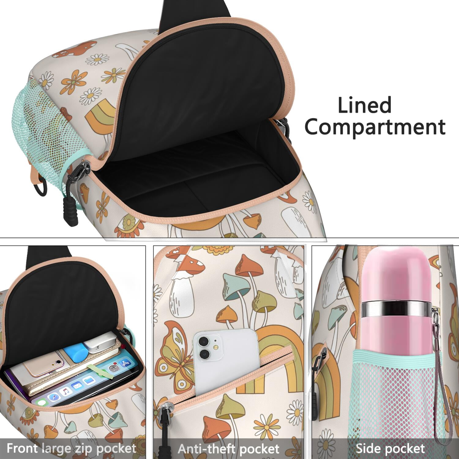 Vintage Mushroom Sling Bag for Men & Women - Anti-Theft Crossbody Backpack with Spacious Pockets - Durable & Comfortable for Hiking, Biking & Travel